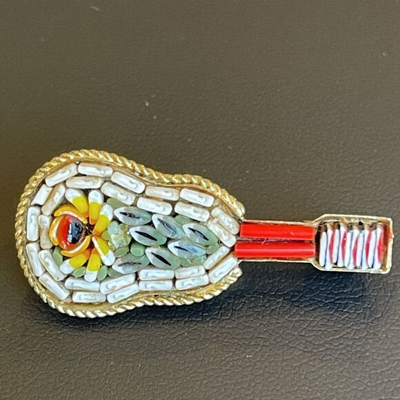 Vintage Italian Micro Mosaic Mandolin Guitar Brooch Signed Italy Flower Design - Picture 6 of 6